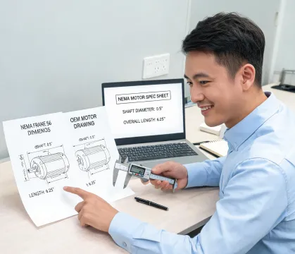 OEM support specialist comparing NEMA motor drawings