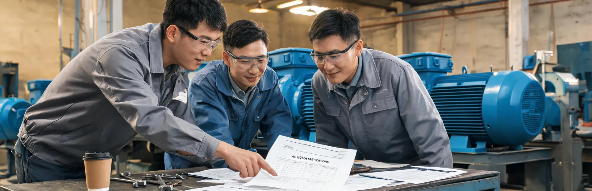 Industrial motor service team reviewing AC motor selection