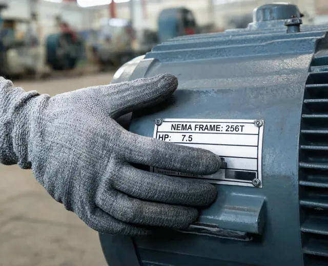 Technician checking an industrial AC motor nameplate