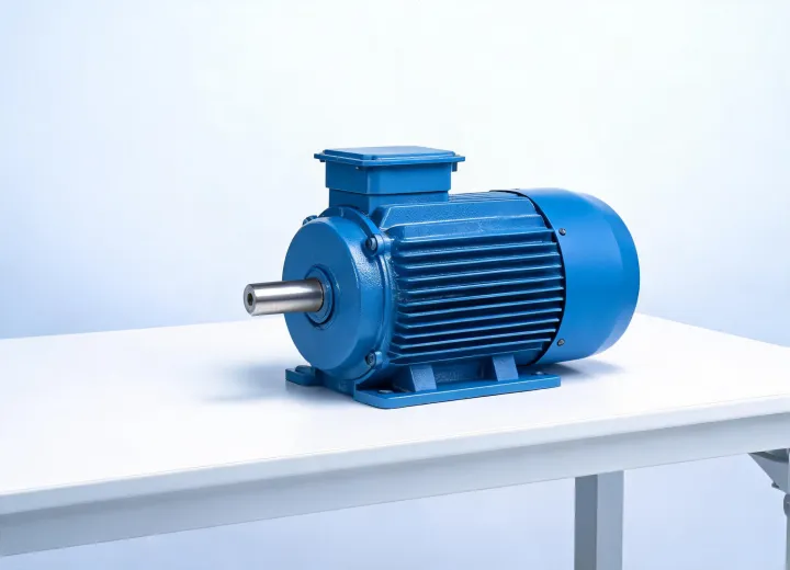 Blue industrial AC motor product on clean engineering bench