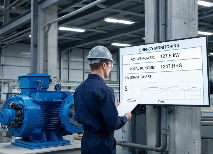 Efficient industrial AC motor beside energy monitoring screen